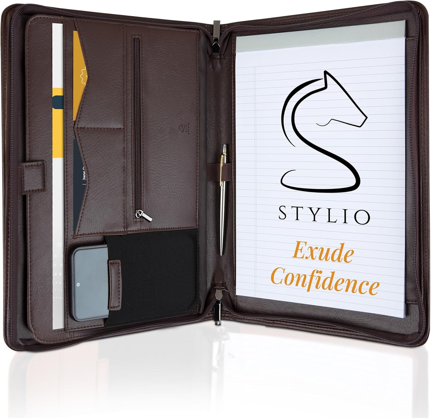 STYLIO Zipper Padfolio Portfolio Binder Organizer (Walnut Color) | Faux Leather Portfolio for Resume, Documents, Phone, Tablet, Business Supplies and Cards | Letter Sized Notepad Included | Brown