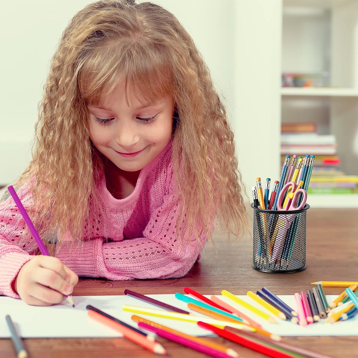 Amazon Basics Wire Mesh Pen Cup, Office Caddy Storage, Black, ‎3.7" x 3.3"