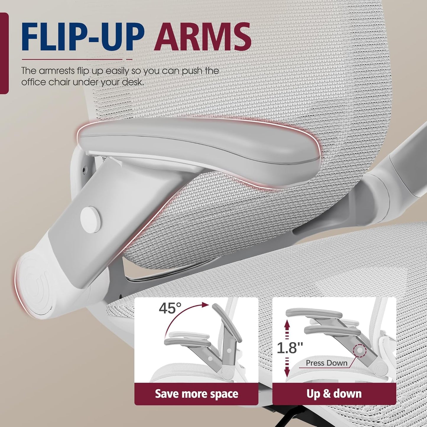 GABRYLLY Ergonomic Office Chair, High Back Home Desk Chair with Headrest, Flip-Up Arms, 90-120° Tilt Lock and Wide Cushion, 400LBS Mesh Chairs for Man Woman, White Task Chair(Grey,GY01WG)