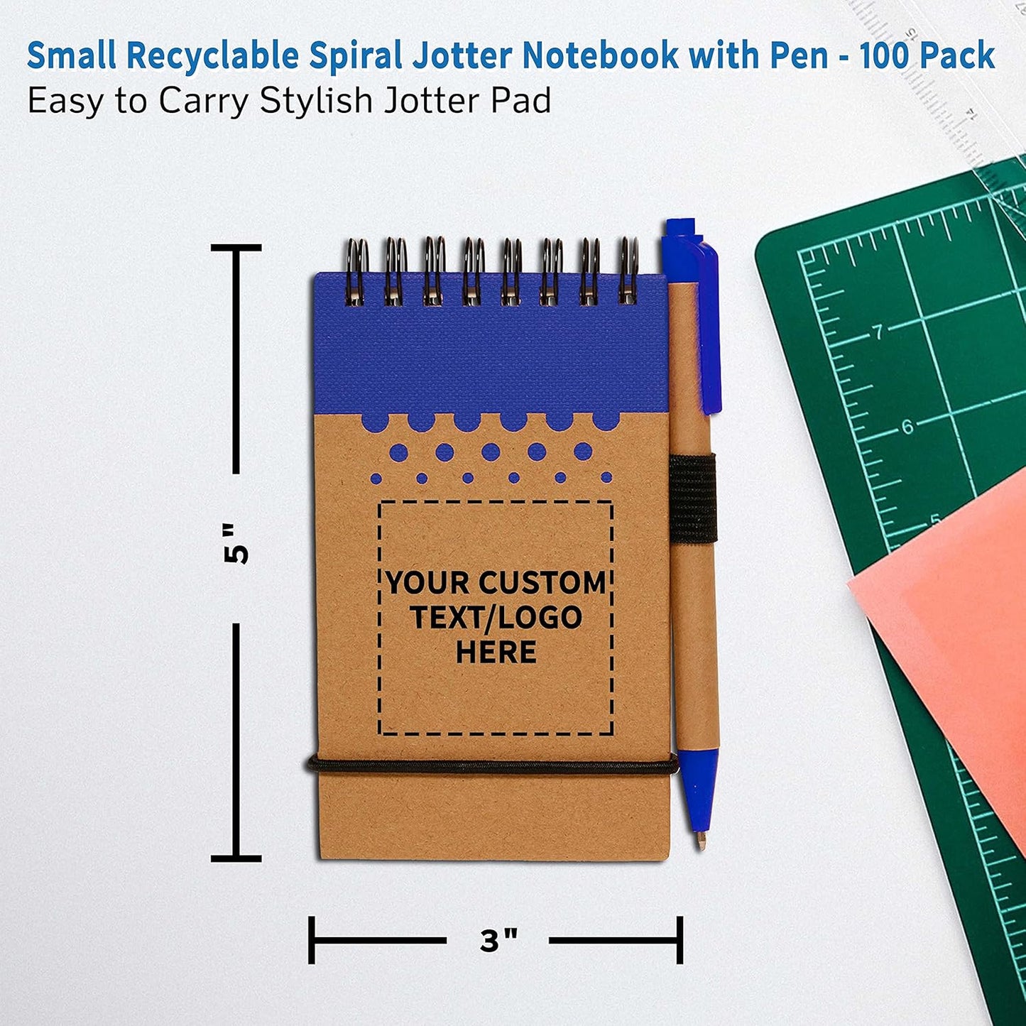 DISCOUNT PROMOS 100 Recyclable Spiral Small Notebooks Pack - Customizable Text, Logo - 60 Lined Pages - Blue