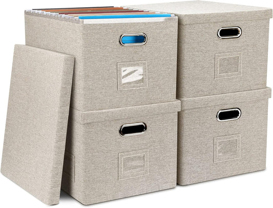 File Organizer Box, Decorative Storage Filling Box with Lid for Letter Legal Size Hanging Folders Collapsible Linen File Folder Box Office Document Storage Filing Bin, Beige 4 Pack