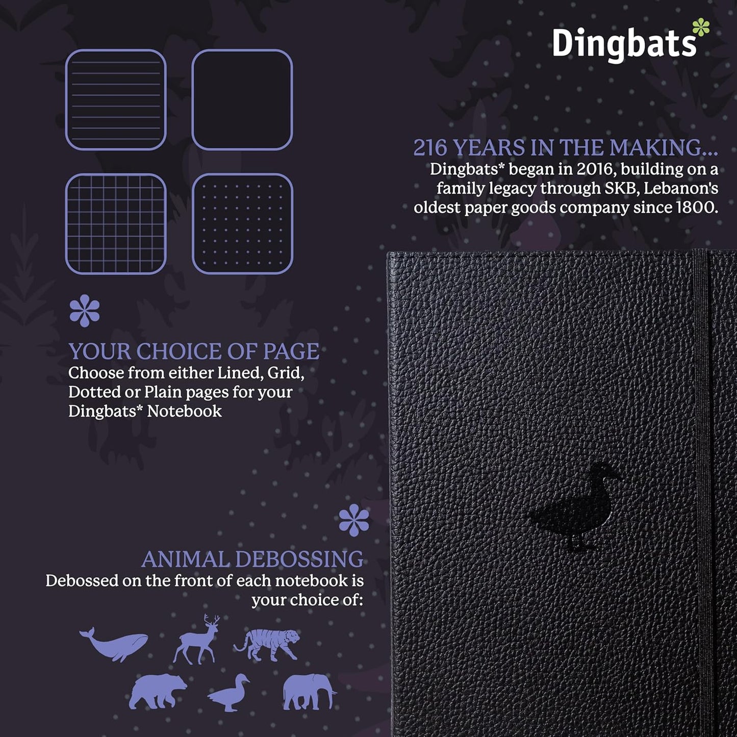 Dingbats* Wildlife Grid Journal Notebook A5 - Vegan Leather Hard Cover, Ideal for Work, Travel - Pocket, Elastic Closure, Bookmark