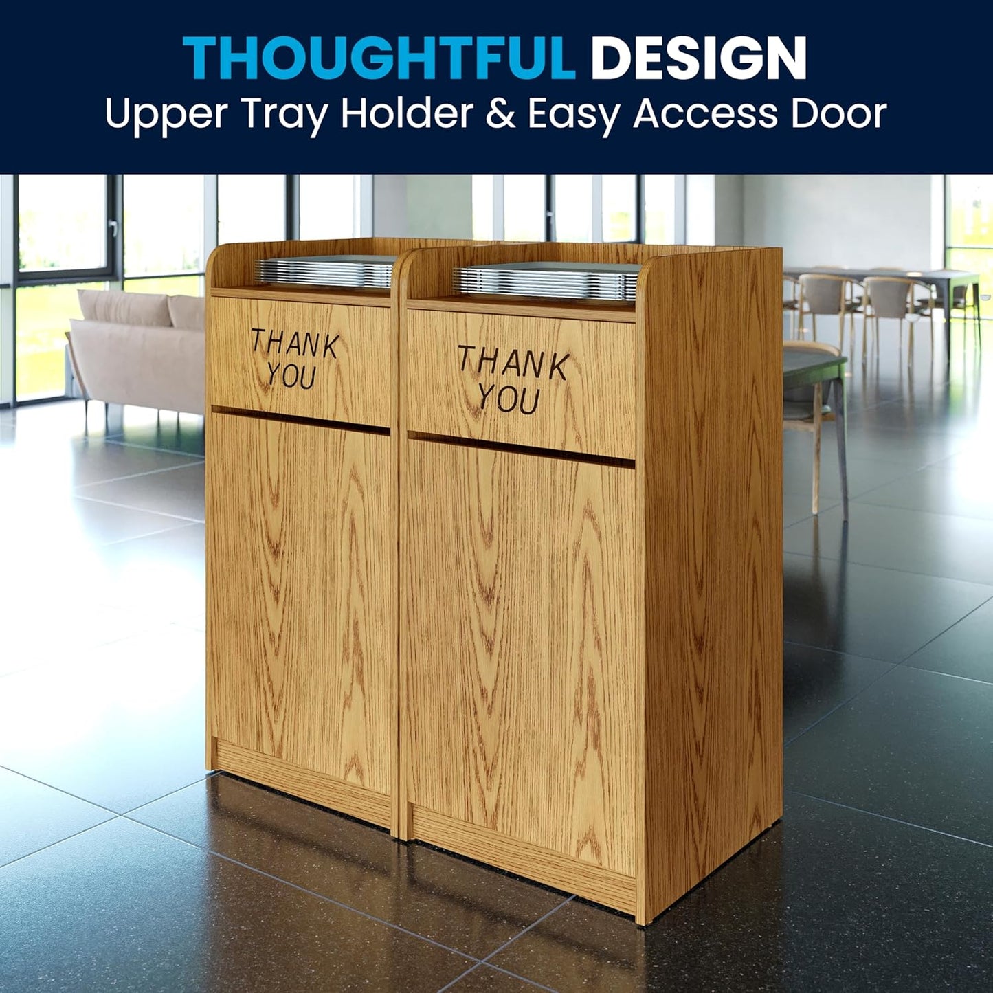 Flash Furniture Sony Laminate Wood Commercial-Grade Trash Receptacle with Tray Top, Wooden Restaurant Trash Can Cabinet and Garbage Receptacle, Oak