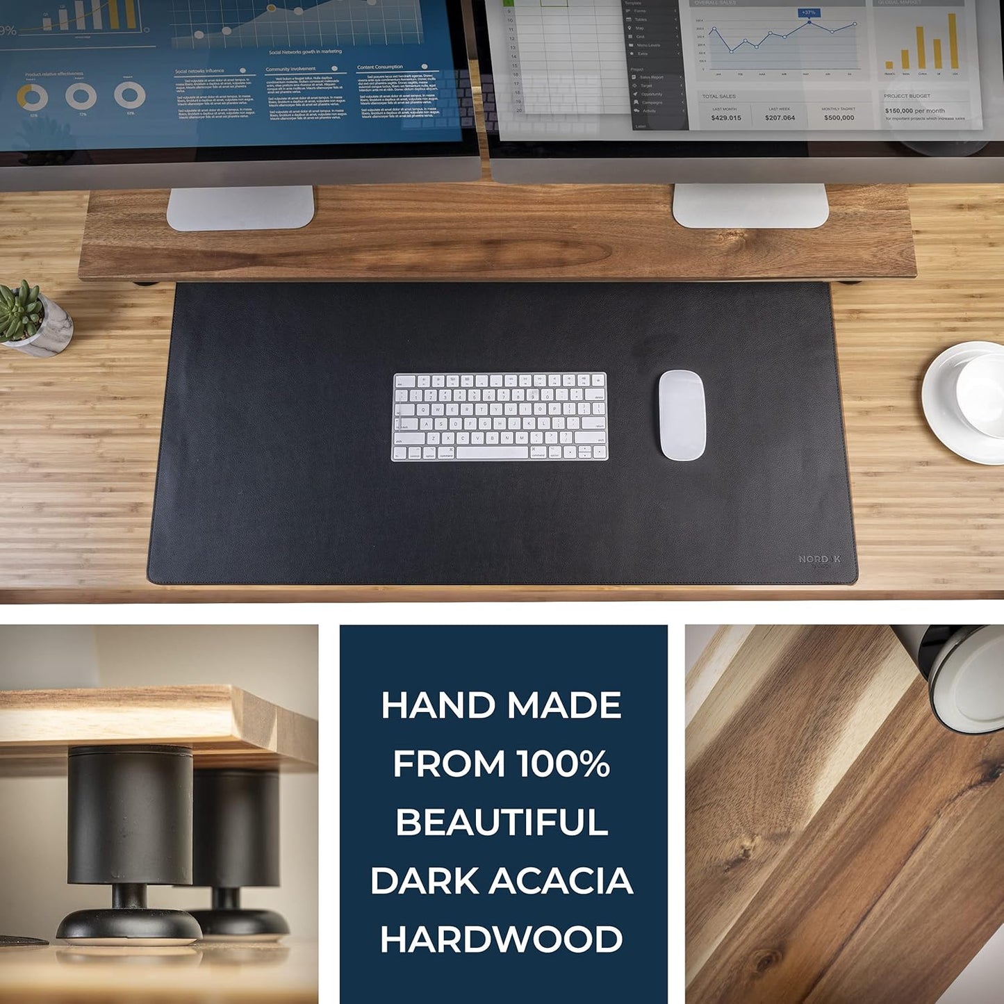 Nordik Large Dual Monitor Riser for 2 - Premium Handmade Hardwood Acacia Computer - Laptop TV Stand with Storage for Desk Accessories - Organizer Television