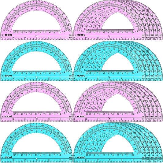 EBOOT 24 Pack Plastic Protractors Math Protractor 180 Degrees 6 Inch (Pink, Blue)