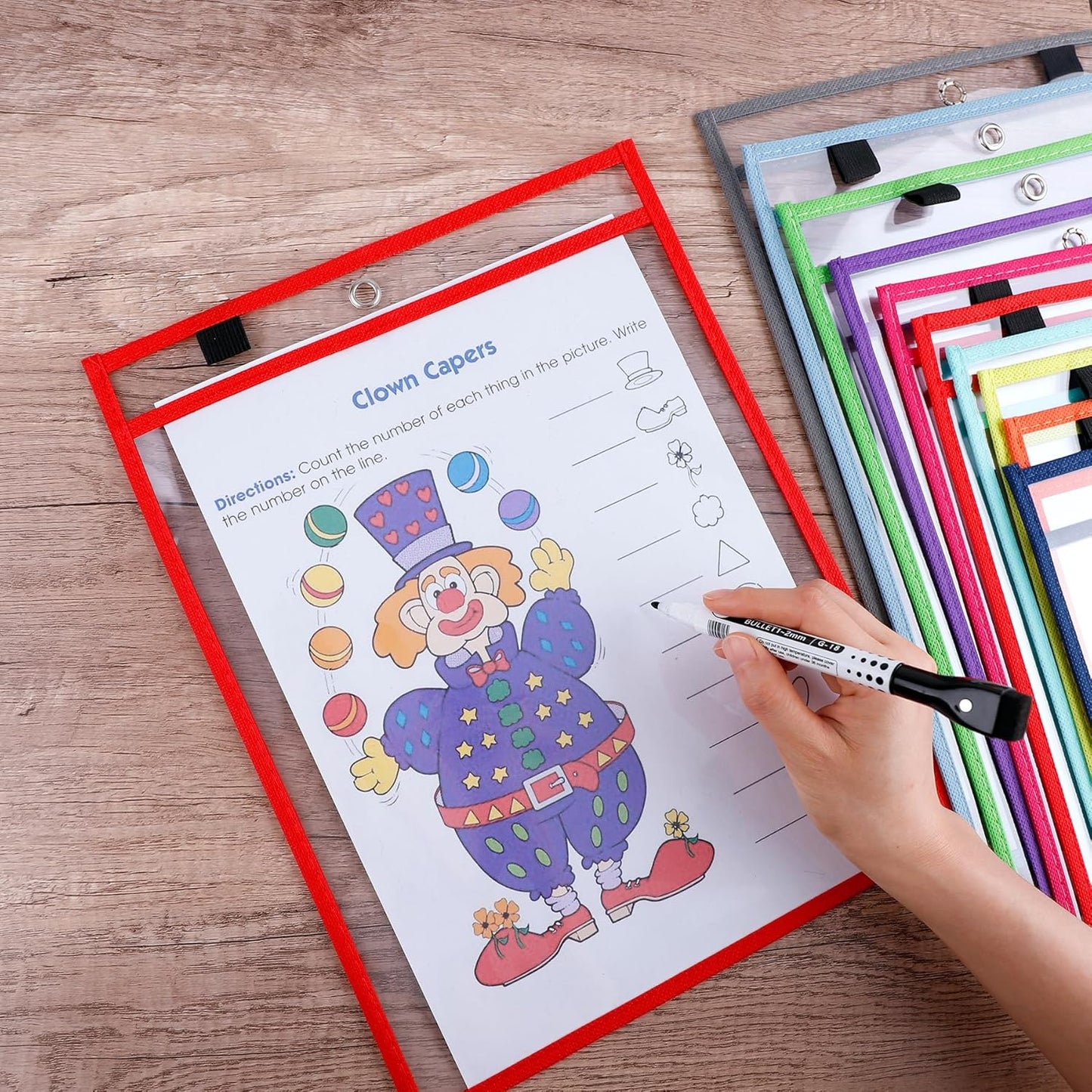 Antner 30 Pack Oversized Dry Erase Pockets Sleeves Reusable Ticket Holders, Clear Plastic Sheet Page Protectors, Heavy Duty Work Pockets School Teacher Classroom Office Organization Supplies, 10 Color