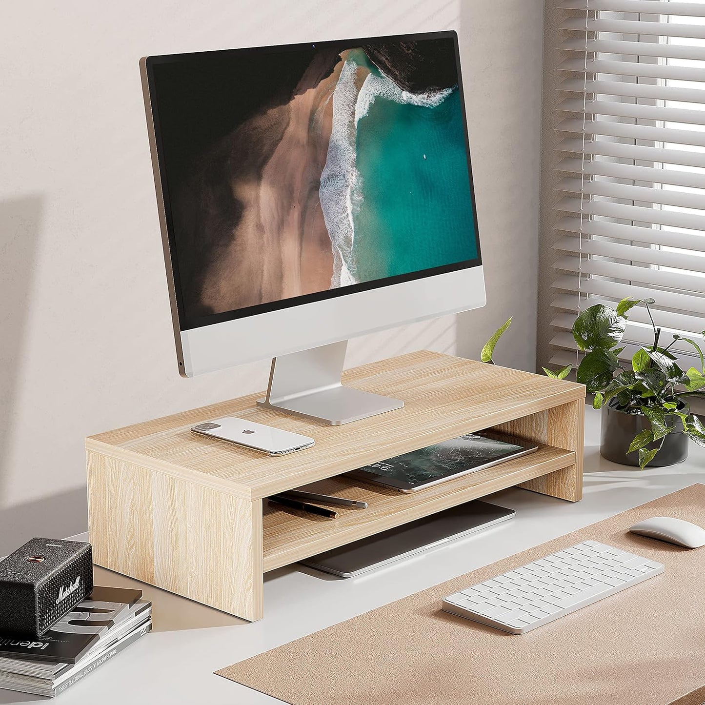 FITUEYES Monitor Stand - 2 Tier Computer Monitor Riser with 21.3 Inch Shelf, Wood Desktop Stand for Laptop Computer Screen, Desk Organization, Office Supplies