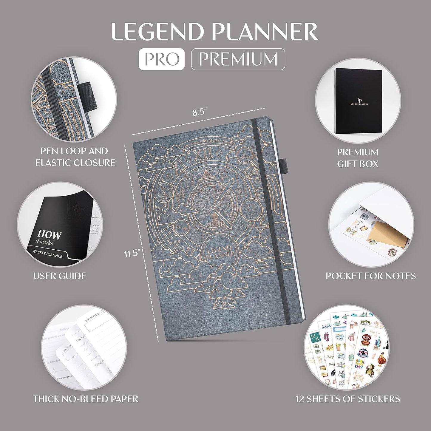 Legend Planner PRO Premium – Large Undated Weekly, Monthly & Budget Planner with Habit Tracker – Life Organizer for Time & Task Management, Goal Setting & Productivity – A4 size (Mystic Gray)