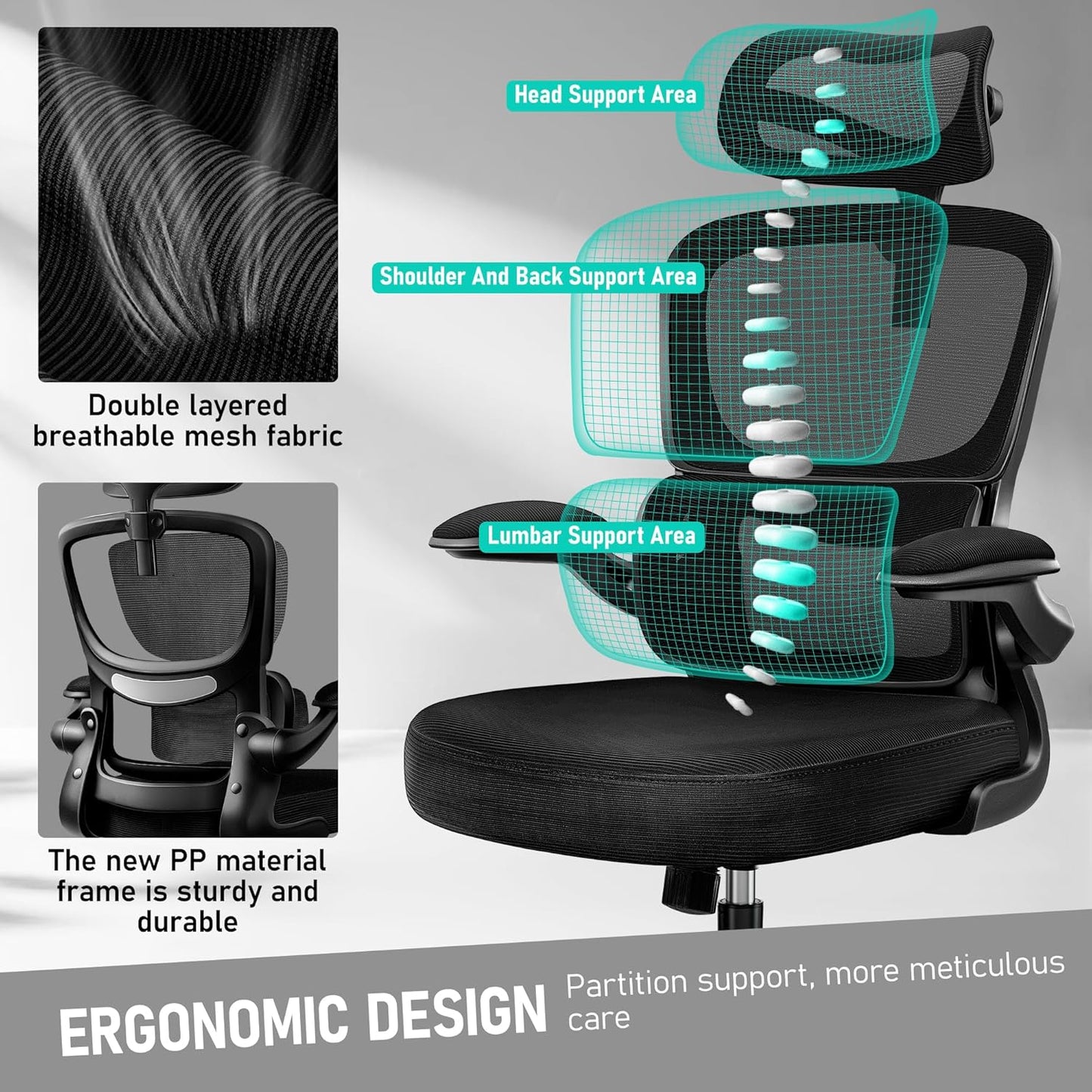 High Back Ergonomic Office Chair, Breathable Mesh Desk Chair with Lumbar Support, Adjustable Headrest, Flip-up Armrests, Computer Gaming Chair