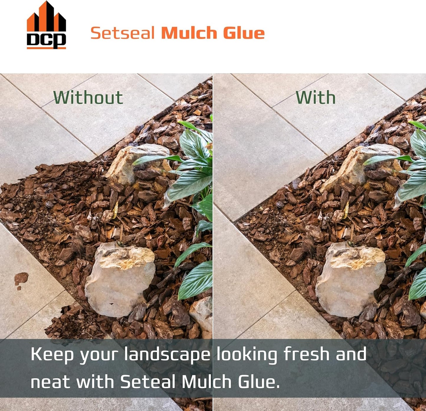 DCP Setseal Mulch Glue for Landscaping 1 Gallon - Gravel Stabilizer & Rock Glue - Works with Mulch, Pea Gravel, Pebble, Rubber Mulch, Large Gravel, Rocks - Ready-to-Use, Non-Toxic, Fast Drying