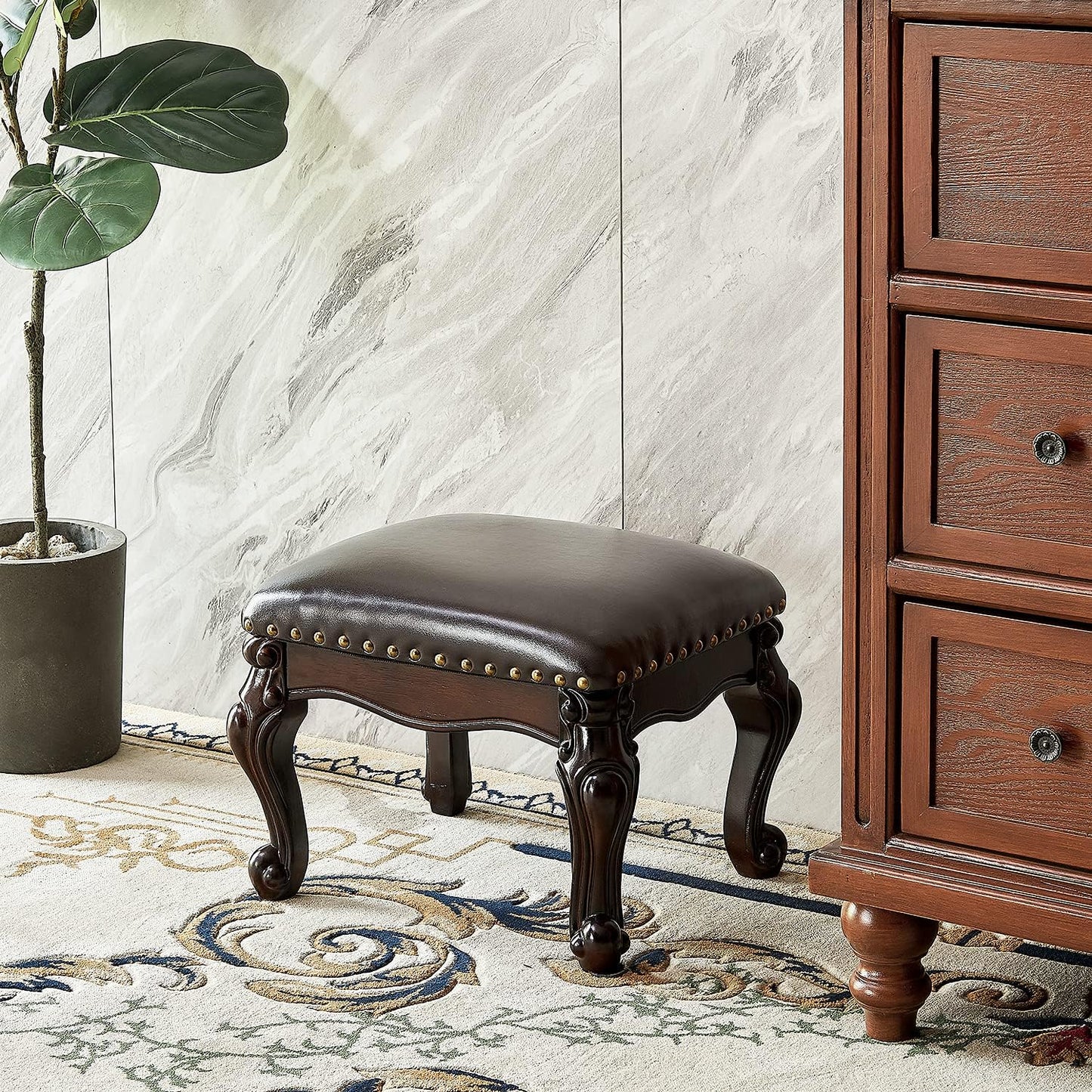 Foot Stool Ottoman Foot Rest Microfiber Leather Upholstered Footstool for Sofa, Living Room, Entryway, Solid Wood Stool (Black Brown)