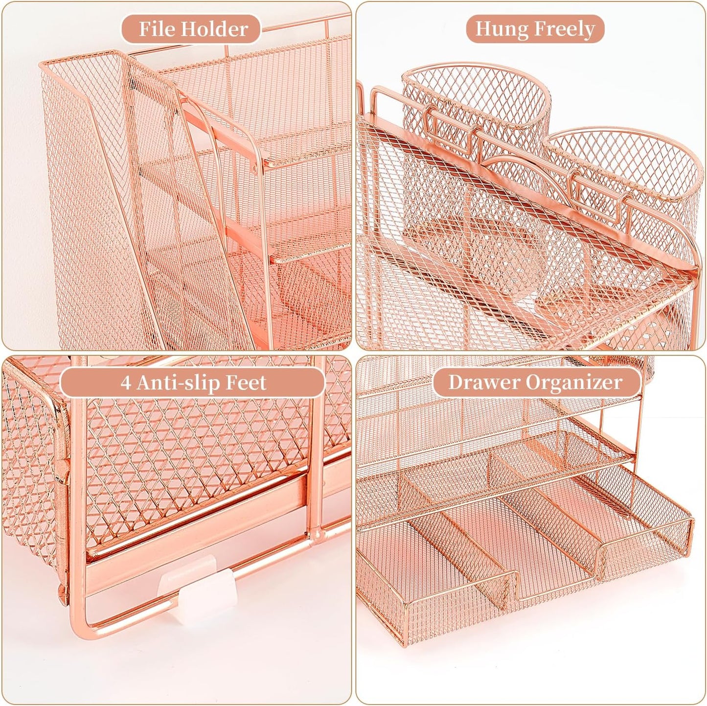gianotter Desk Organizers and Accessories with File Holder, 4-Tier Desk Accessories & Workspace Organizers with Drawer and 2 Pen Holder, Paper Organizer for Office Supplies (Rose Gold)