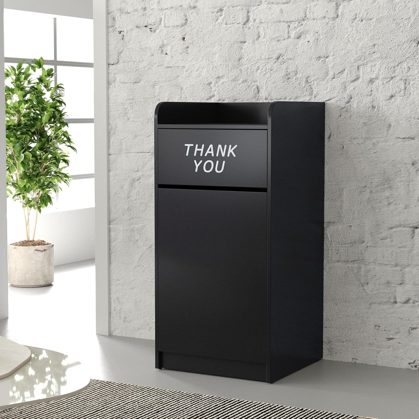 Flash Furniture Sony Laminate Wood Commercial-Grade Trash Receptacle with Tray Top, Wooden Restaurant Trash Can Cabinet and Garbage Receptacle, Black