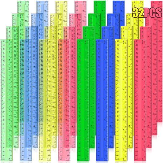 12 Inch Plastic Rulers, 32 PCS Transparent Assorted Color Metric Bulk Rulers with Inches Centimeters Millimeter. Measuring Drawing Tool for Kids, Ideal Back to School Office Home Supplies