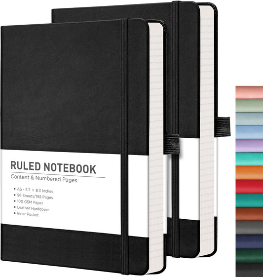 RETTACY Lined Journal Notebook, 2-Pack, 192 Numbered Pages per Pack, A5 Medium Size (5.7'' x 8.3''), for Men & Women, Writing, Work, Leather Hardcover, 100 GSM Thick Paper (Black & Black)