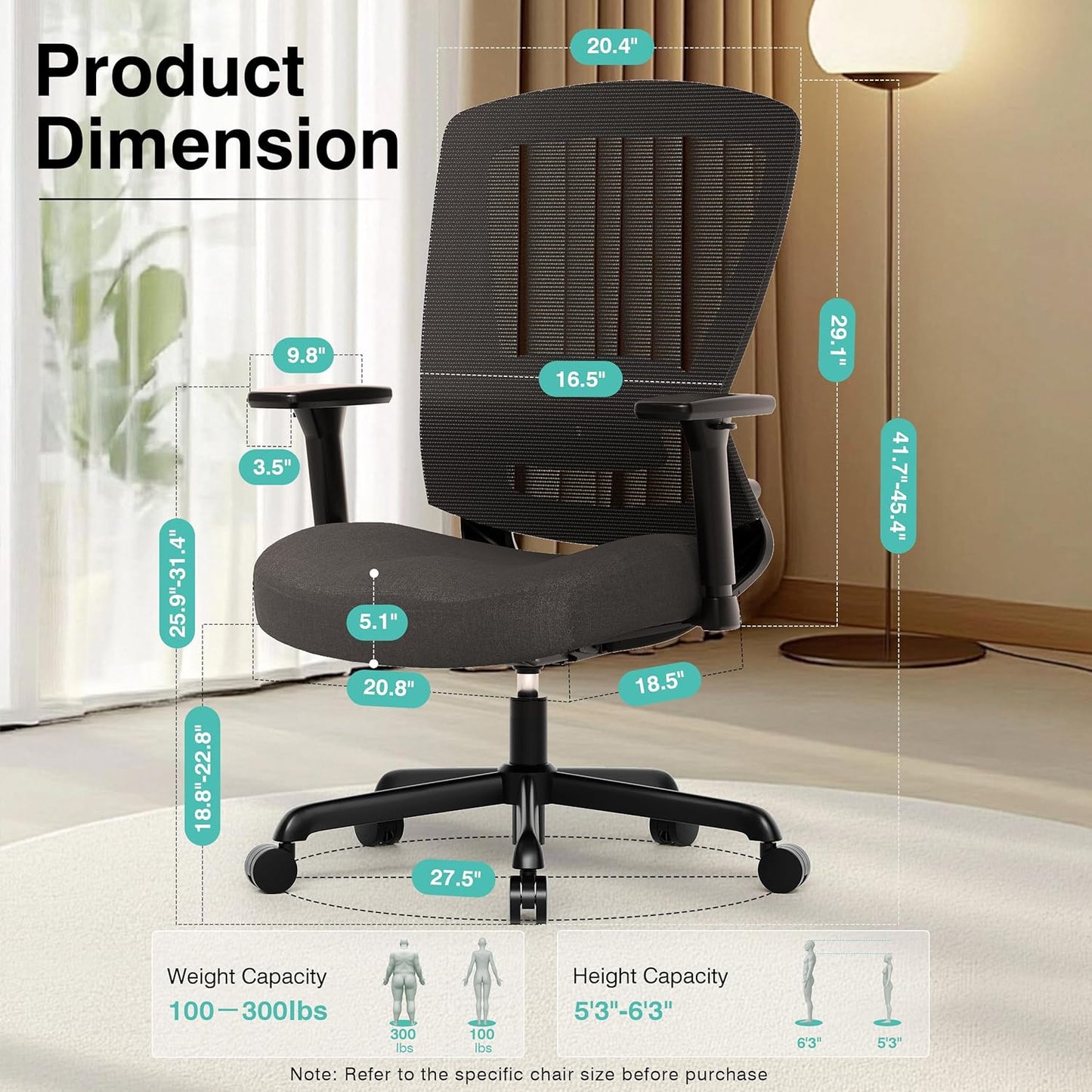T96C Ergonomic Home Office Chair, Mesh Computer Desk Chair with 4D Armrests, Adjustable Lumbar Support,Tilt Function, Executive Rolling Swivel Task Chair for Long Hours (Black - Upholstered Seat)
