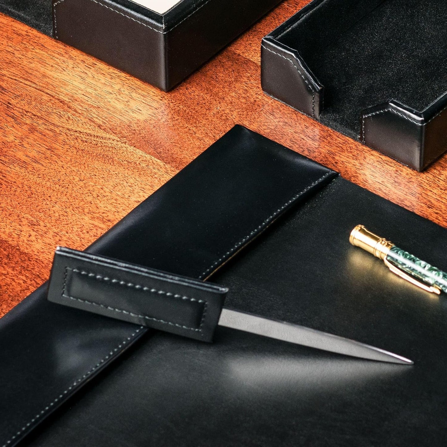 Dacasso Black Bonded Leather Luxury 7 Piece Desk Set - Blotter Pad & Desk Mat Organization Essentials - Executive Decor and Surface Protector