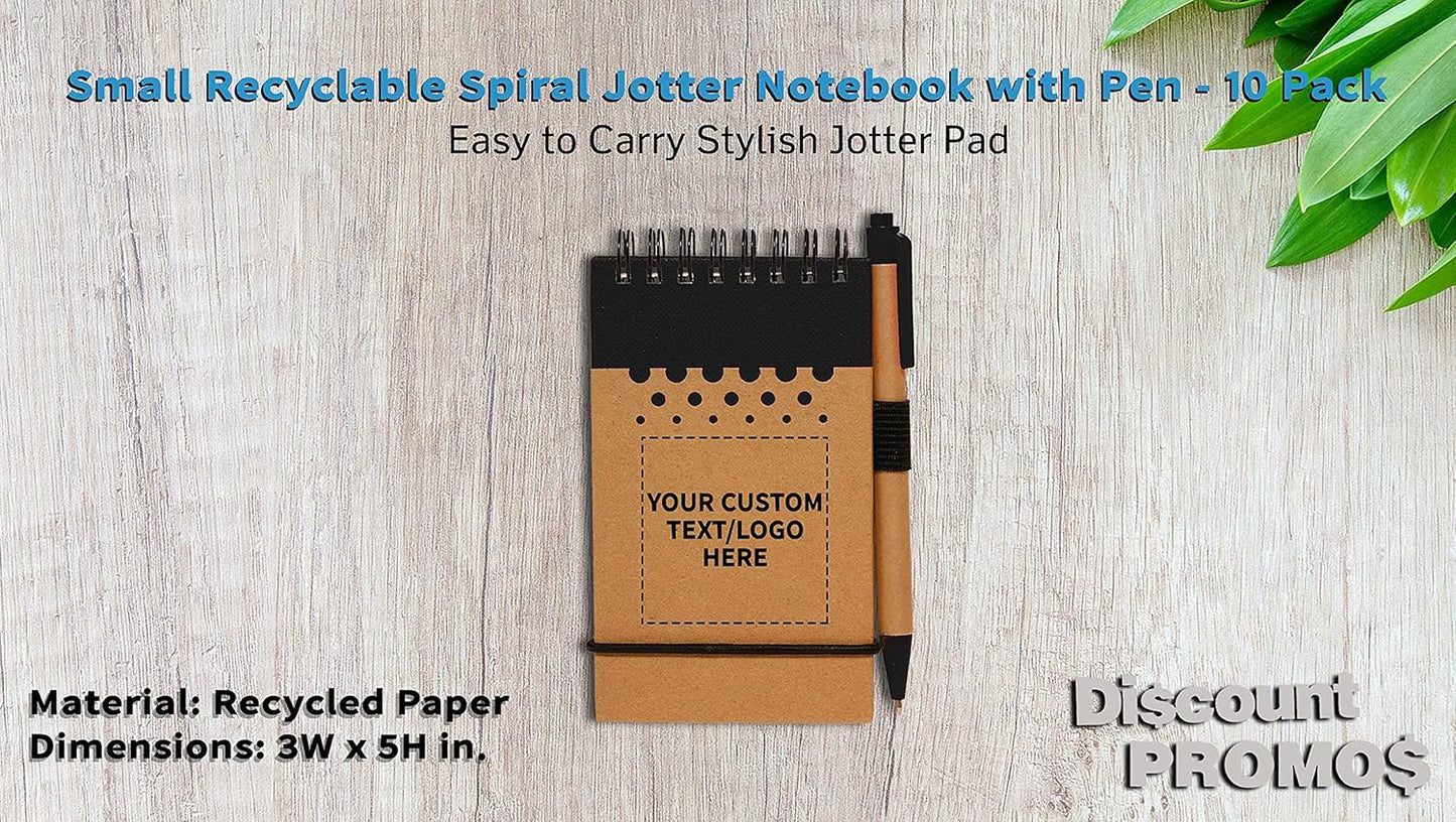 DISCOUNT PROMOS 10 Recyclable Spiral Small Notebooks Pack - Customizable Text, Logo - 60 Lined Pages - Black