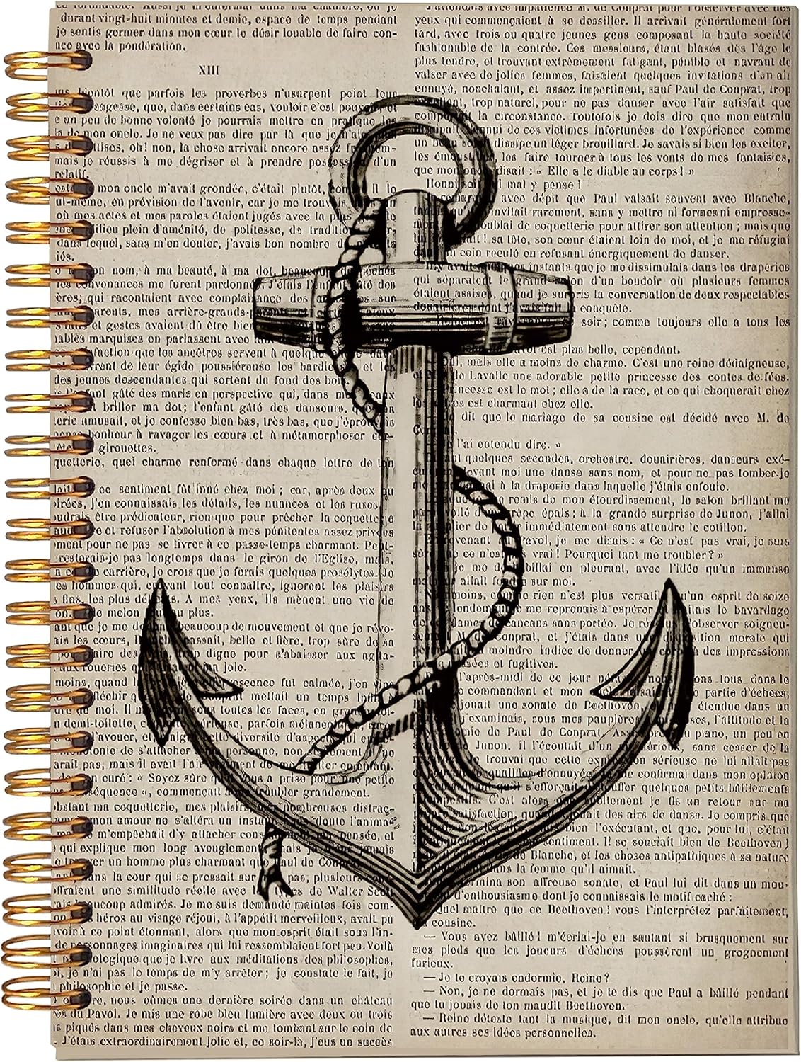 Vintage Nautical Anchor with Rope Dictionary Art Lined Spiral Journal Notebook 8.3×5.5 Inches Hardcover College Ruled Notebook Journal for Work Note Taking Journaling,Gifts for Ocean Lovers